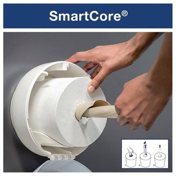 Toalettpapper dispenser - TORK - SmartOne Evolution Mini - Vit polykarbonat - Metall lås mot stöld - Blad-för-blad distribution