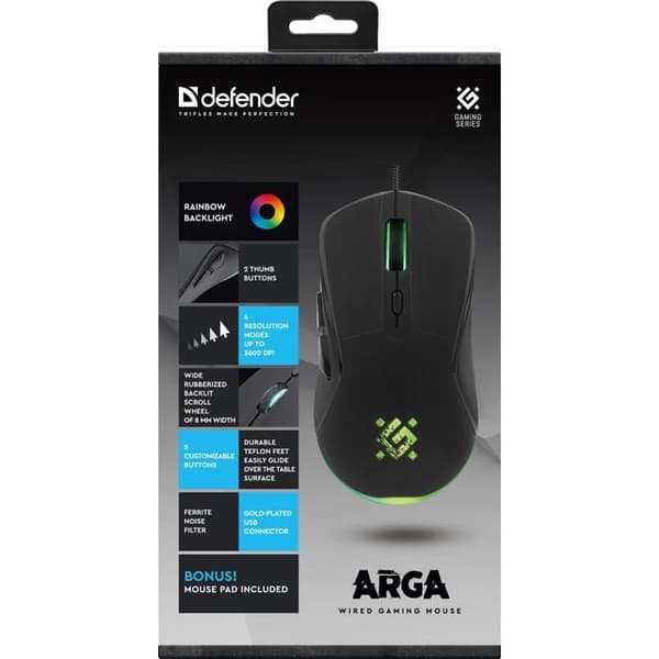 Trådad mus - DEFENDER - ARGA GM-049 - 3600 dpi - 6 knappar - Spelmatta ingår