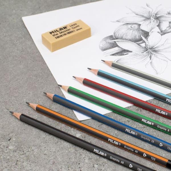 Kritor grafit - Sortiment av stift 2H, H, HB, B, 2B, 4B, 6B + 2 suddgummin - Milan