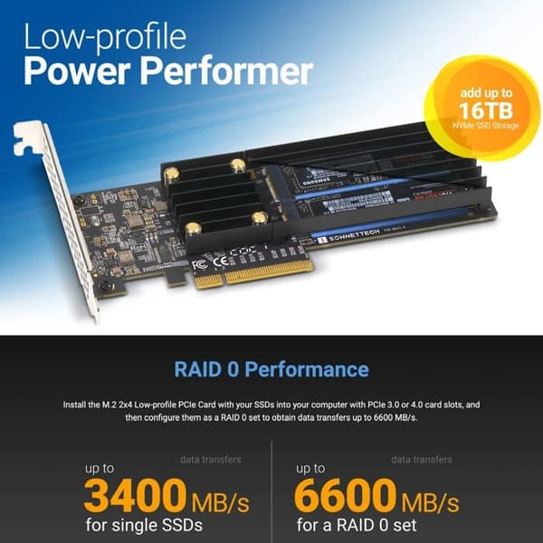 Kortkontroller - SONNET - FUS-SSD-2X4-E3S - PCIe M.2 - Lågprofil - Förbättrade prestanda