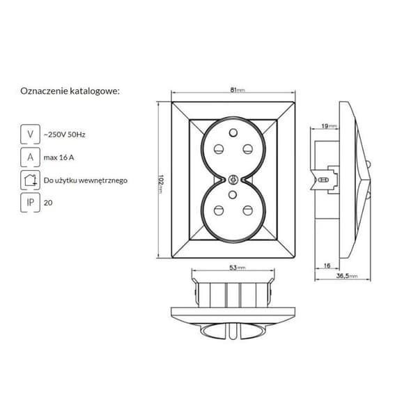 Dubbel silverkontakt - ABEX - 250V - 16A - IP-20 - För ram-system - Silver