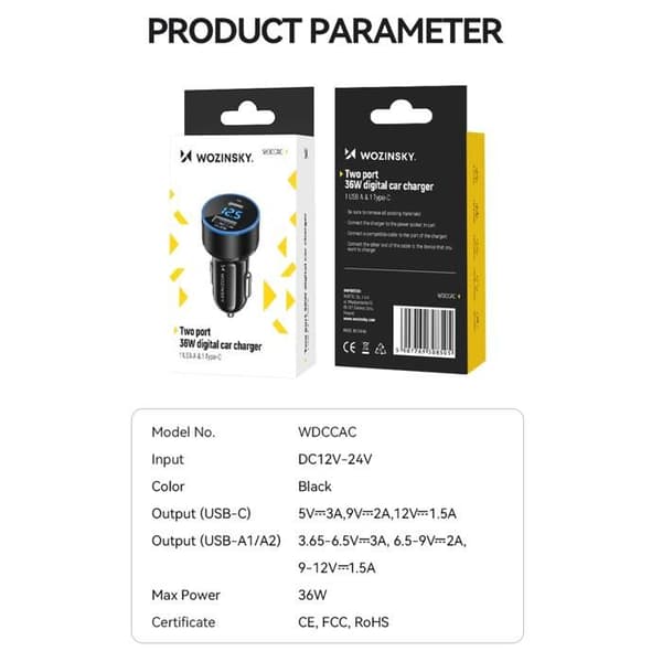 Bilkabel - WOZINSKY - WDCCAC - 36 W - USB-C och USB-A - Snabbladdning