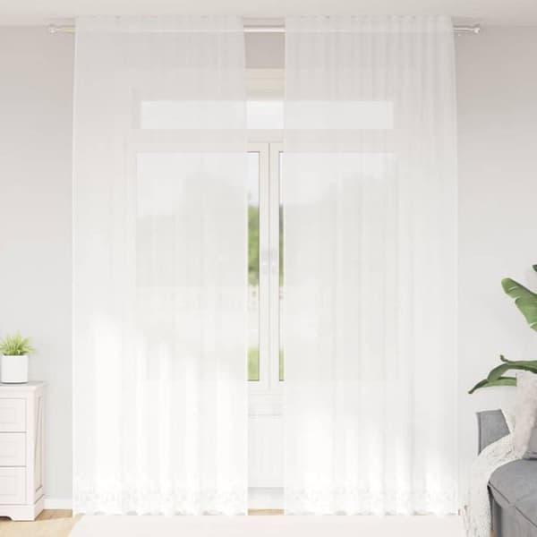 Blommönstrad spetsgardin - vidaXL - Vit - Polyester - 260x150 cm - Ljusfiltrerande - Integritetspaneler