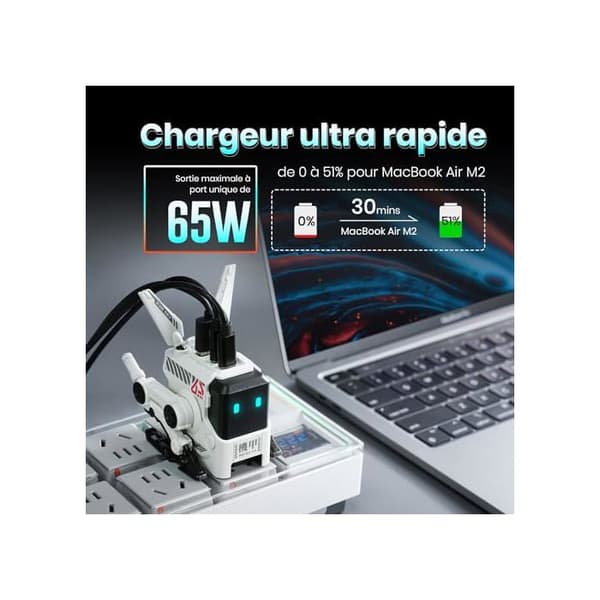 Snabb Laddare 65W - GravaStar - A65 - 3 Portar - Vit
