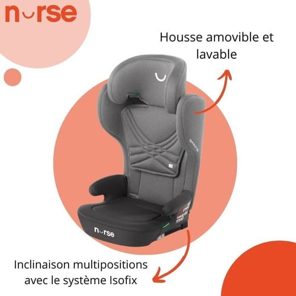 Bilbarnstol Nurse Spring iSize för Barn 4-12 År, Isofix, Fällbar, Nejlbar, Grå