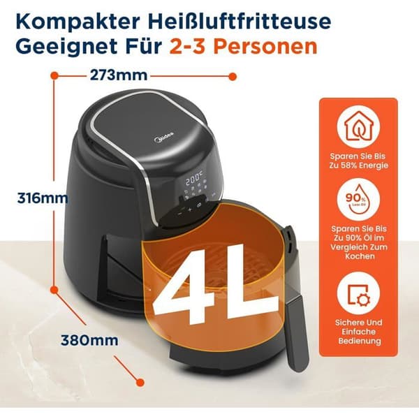 Luftfritös - Midea - 4L - 1500W - 8 program - Temperatur 35-200°C