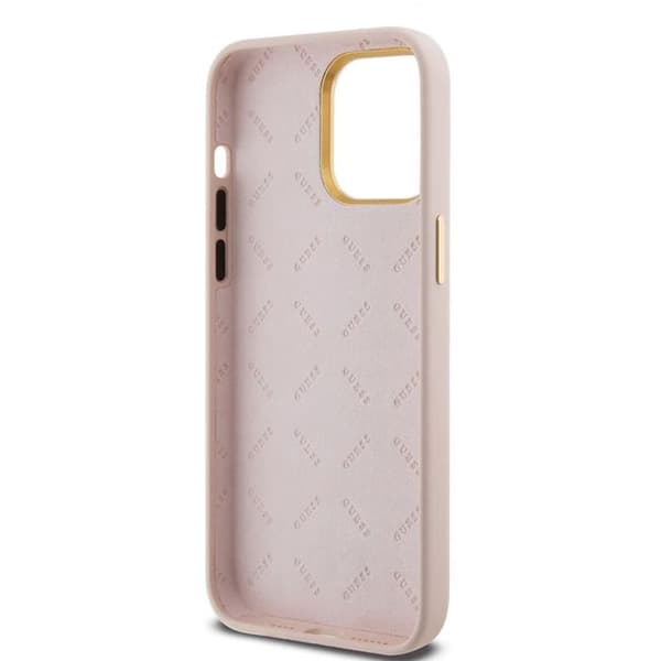 Guess Silicone Script-logotyp och metallram - Fodral för iPhone 15 Pro Max (rosa)