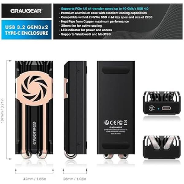 Extern SSD-gåvan - GRAUGEAR - Aluminium - 40 Gbit/s - USB 4.0 - NVMe 2280