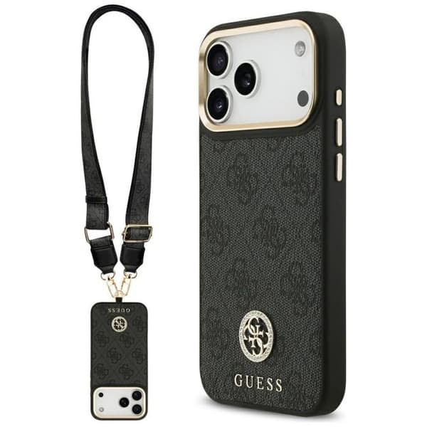 Coque Guess 4G Strass Logo MagSafe med rem för iPhone 17 Pro Max - Svart