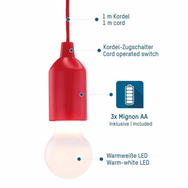 Dekorativ lampa - HYCELL - PULL-LIGHT LP1W - Röd - LED - Dragströmbrytare
