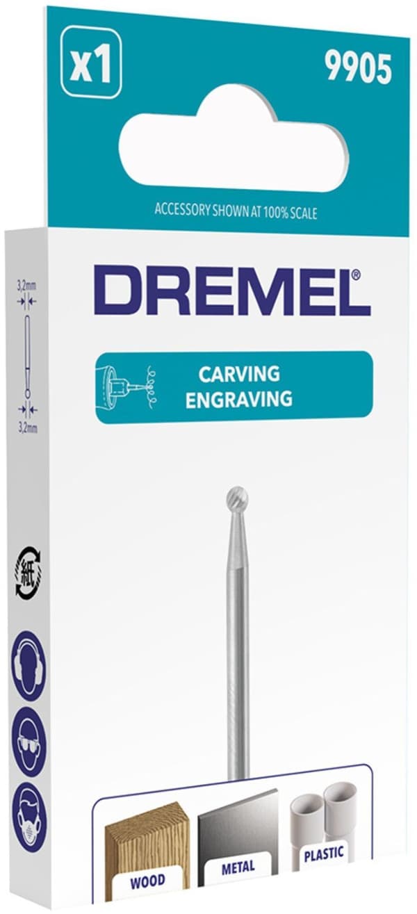 Volframkarbidskärare - DREMEL - 9905 - För skulptering/gravering av metall/trä - Rund spets - Diameter 3,2 mm