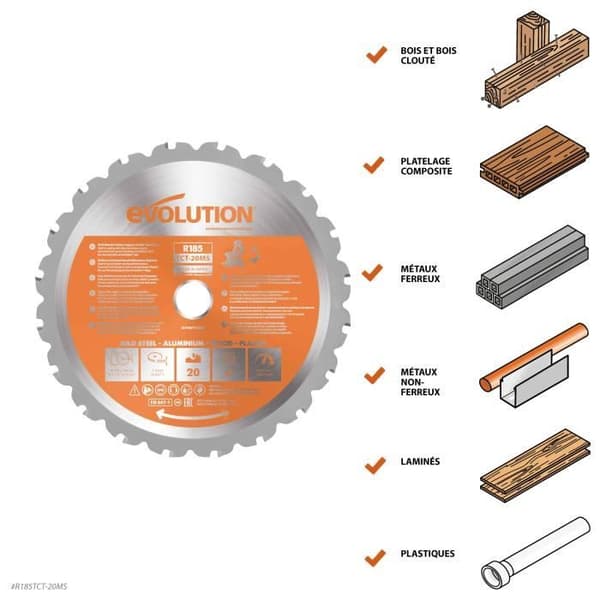 Lame multi-material - EVOLUTION POWER TOOLS - 185mm - 20 Tänder - Hålstorlek 25,4mm - Tungstencarbid