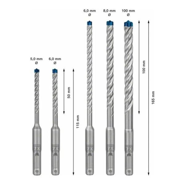 Borrsats - BOSCH - 7X - 5 borr - SDS Plus - Hårdmetallhuvud