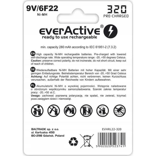 6F22/9V Ni-MH 320mAh EverActive uppladdningsbart batteri