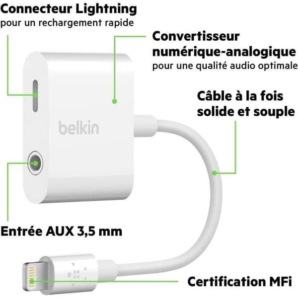 BELKIN Ljudadapter + Lightning - 3,5 mm - Vit - Iphone 7 7+ SE 6S 6S+