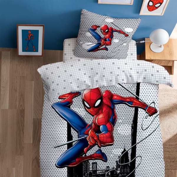 Barnsängkläder 100% Bomull - SPIDERMAN HERO - Vit - 140x200+63x63cm