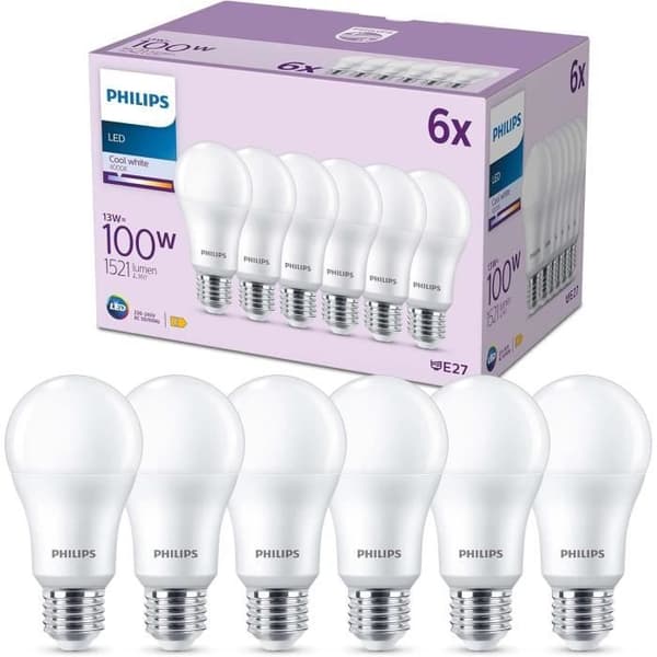 Paket med 6 LED-lampor - PHILIPS - E27 - 100W - Kall vit - Ej dimbar