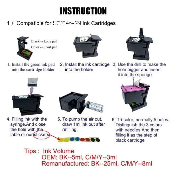 Bläckflaskor - COCADEEX - Kit med 5 flaskor 200/100 ml - Kompatibel med HP DeskJet/ENVY/OfficeJet - Påfyllningsbara/CISS