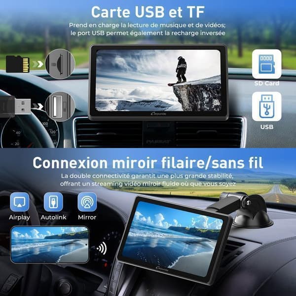 CARPURIDE V3 Bilradio 7" CarPlay trådlös och Android Auto, IPS pekskärm, Bluetooth, Navigation