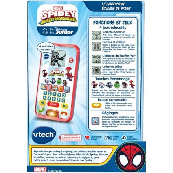 VTECH - SPIDEY - Spidey's Educational Smartphone - Barn - Röd - Unisex - 3 år - Batteri