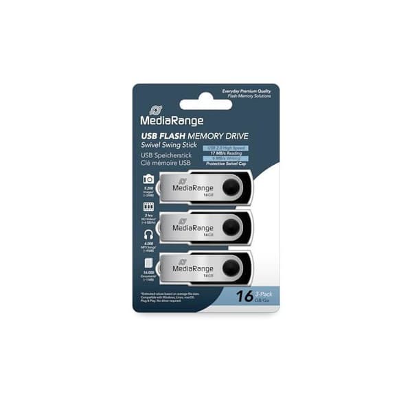 USB-minne - MediaRange - MR910-3 - Pack 3 x 16 GB - USB 2.0 - Svart Silver