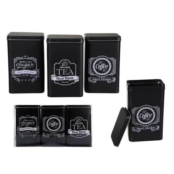 Rektangulär förvaringslåda i metall - KAFFE TEA & SOCKER - Set om 3 stycken - 11 x 7,5 x 19 cm - Rektangulär