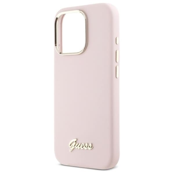 Coque för iPhone 16 Pro Max - Guess Silicone Script Logo och metallram (GUHCP16XSMSMBSLP) - Ljusrosa