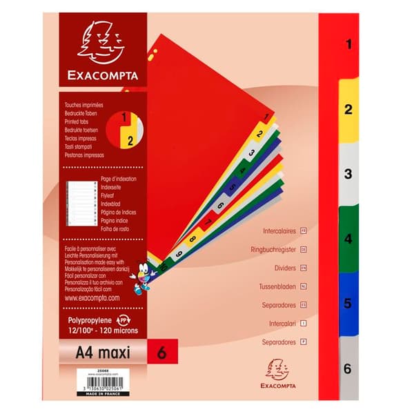 20 tryckta digitala polypropenindex 12/100 - 6 positioner - A4 Maxi - blandade klara färger