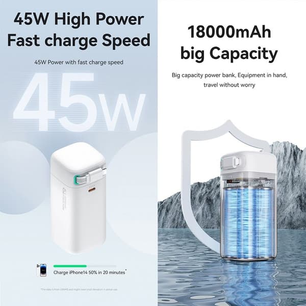 USB-C PD45W extern batteri 18 000 mAh med Lightning-kabel - Usams (US-CD217) - Vit