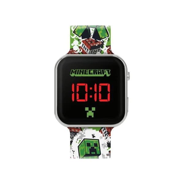 LED-klocka Barn Minecraft Creeper – Digital visning – Datumfunktion – Silikonarmband – Silverfärg