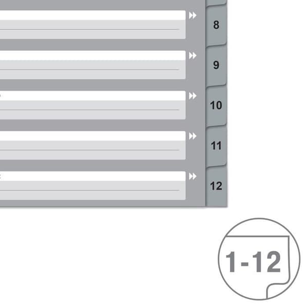 Leitz A4 extra stora index 1-12 grå — numrerade flikar, 11 hål