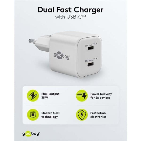 GOOBAY 35W Dubbel USB-C PD GaN Snabbladdare, Vit