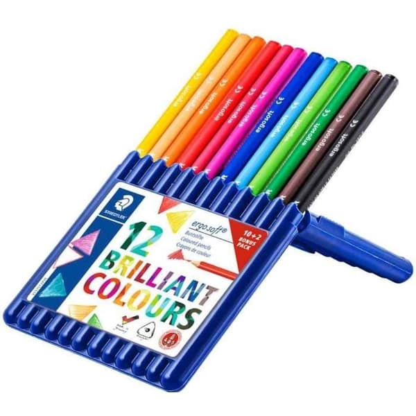 STAEDTLER Ergosoft triangulära färgpennor — Set 12 (10+2) 3 mm, halkfria
