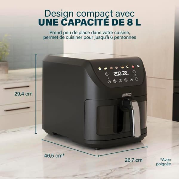 PRINCESS SlimFry 182257 Luftfritös 8L 2000W Touchskärm 8 program Svart