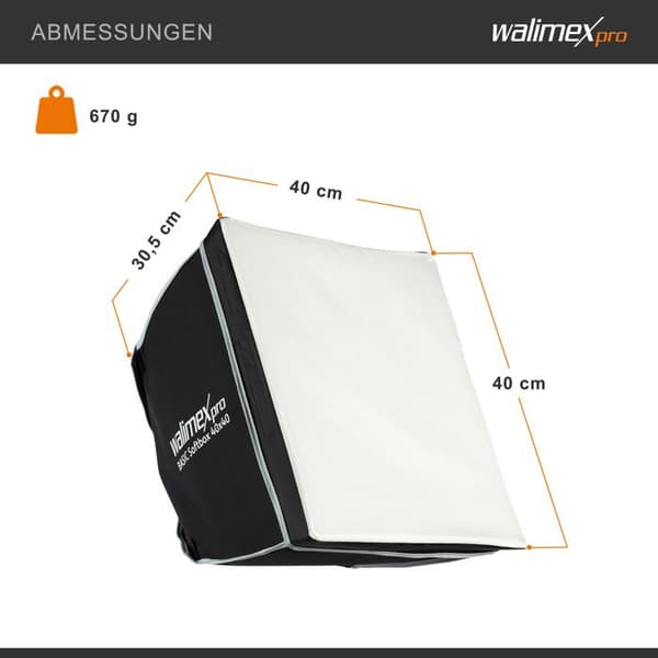 Walimex pro Basic Softbox Ljuslåda 40 x 40 cm, vridbar 360°, med fram- och mellan diffusor, transportväska, adaptern
