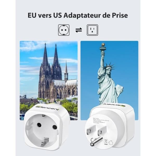 Reseadapter - LENCENT - FR 2 Benar till US 3 Benar - 360° skydd - Kompakt - Typ B