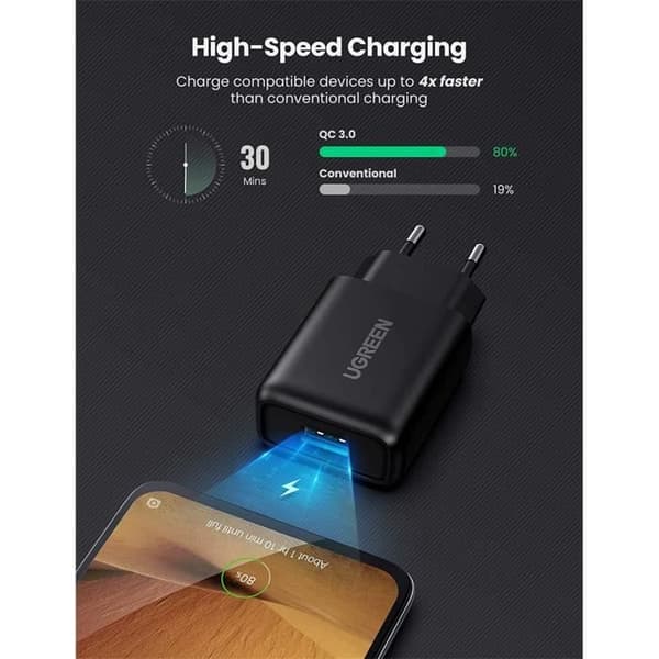 Snabbladdare - UGREEN - Quick Charge 3.0 - 18W - USB - Svart