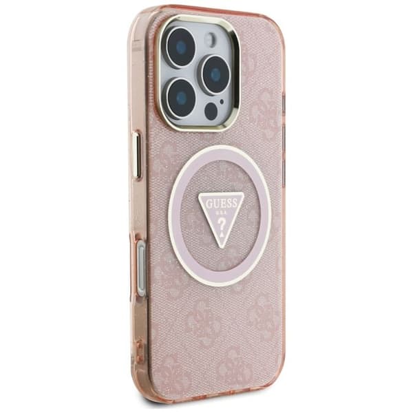 Coque Guess IML Metal Glitter 4G Circle Triangle MagSafe för iPhone 16 Pro Max - Rosa