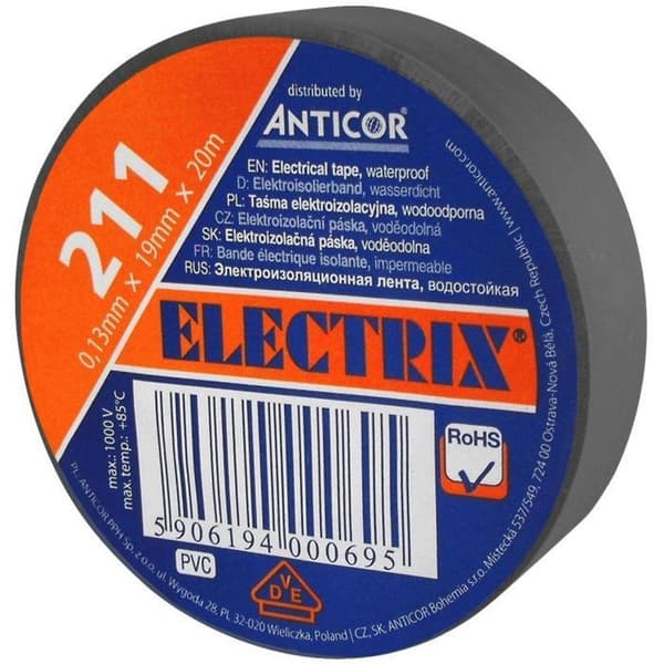 Anticor eltejp PVC grå 19 mm 20 m