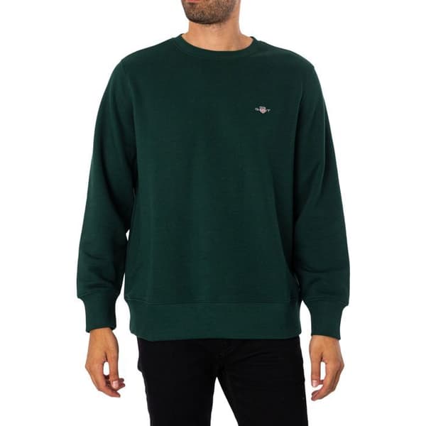 GANT herrtröja rund hals Reg Shield - tartan grön, långa ärmar, bomull/polyester