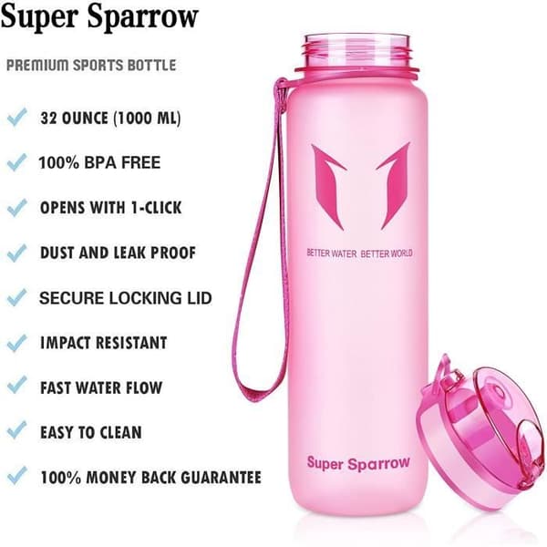 Super Sparrow Vattenflaska - Flaska, 1000ml, Rosa