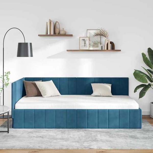 vidaXL Hörnsängram Blå 90 cm x 200 cm Sammet 42016306