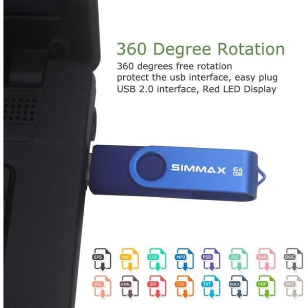 SIMMAX USB Flash Drive 64GB Memory Stick USB 2.0 Flash Drive Roterande Pendrive Disklagring (64GB Blå)