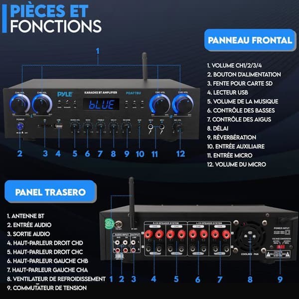 Pyle Bluetooth-förstärkare 800W 4 kanaler – MP3, USB, SD, AUX, RCA, FM, 2 mikrofoner