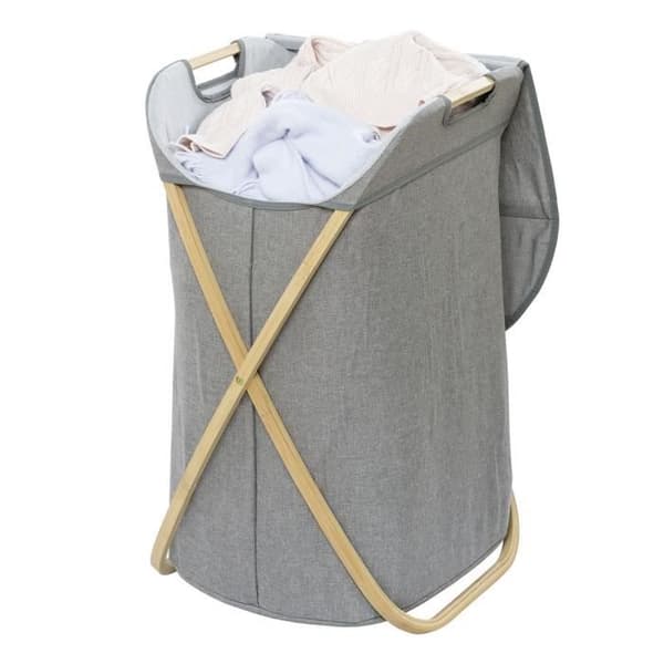WENKO Bahari tvättkorg, designtvättkorg med bambu ram, Kapacitet 79L, Bambu - polyester, brun - grå