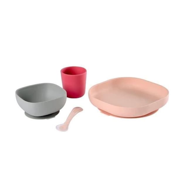 BÉABA - Set för Barnmat av Silikon - Sugkoppar - Halkfria - 4 Delar - Rosa