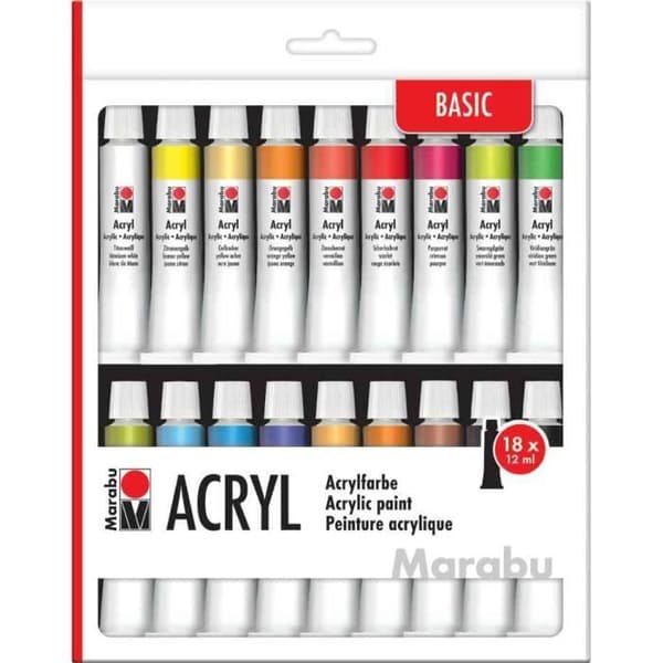 Akrylmålning kit, 18 x 12 ml, assorterade