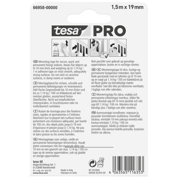 tesa Montering PRO Universal 66958-00000-00 monteringstejp - Vit - 1,5 m x 9 mm - tesa
