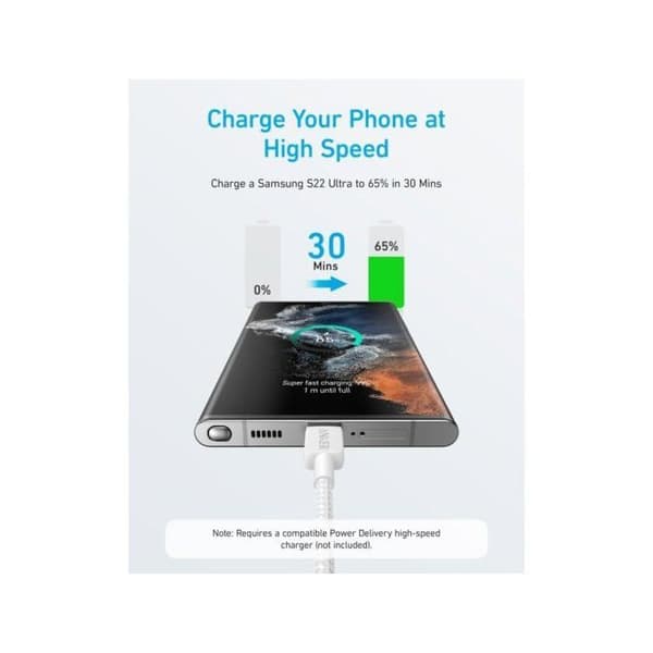Anker USB-C till USB-C flätad kabel 3 m 60W vit — Snabbladdning