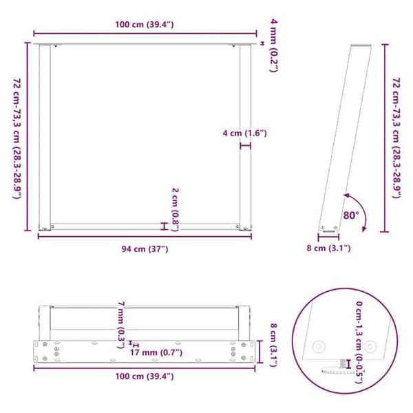 vidaXL Matbordben U 2 delar Vit 100 x (72-73) cm Stål 4012805